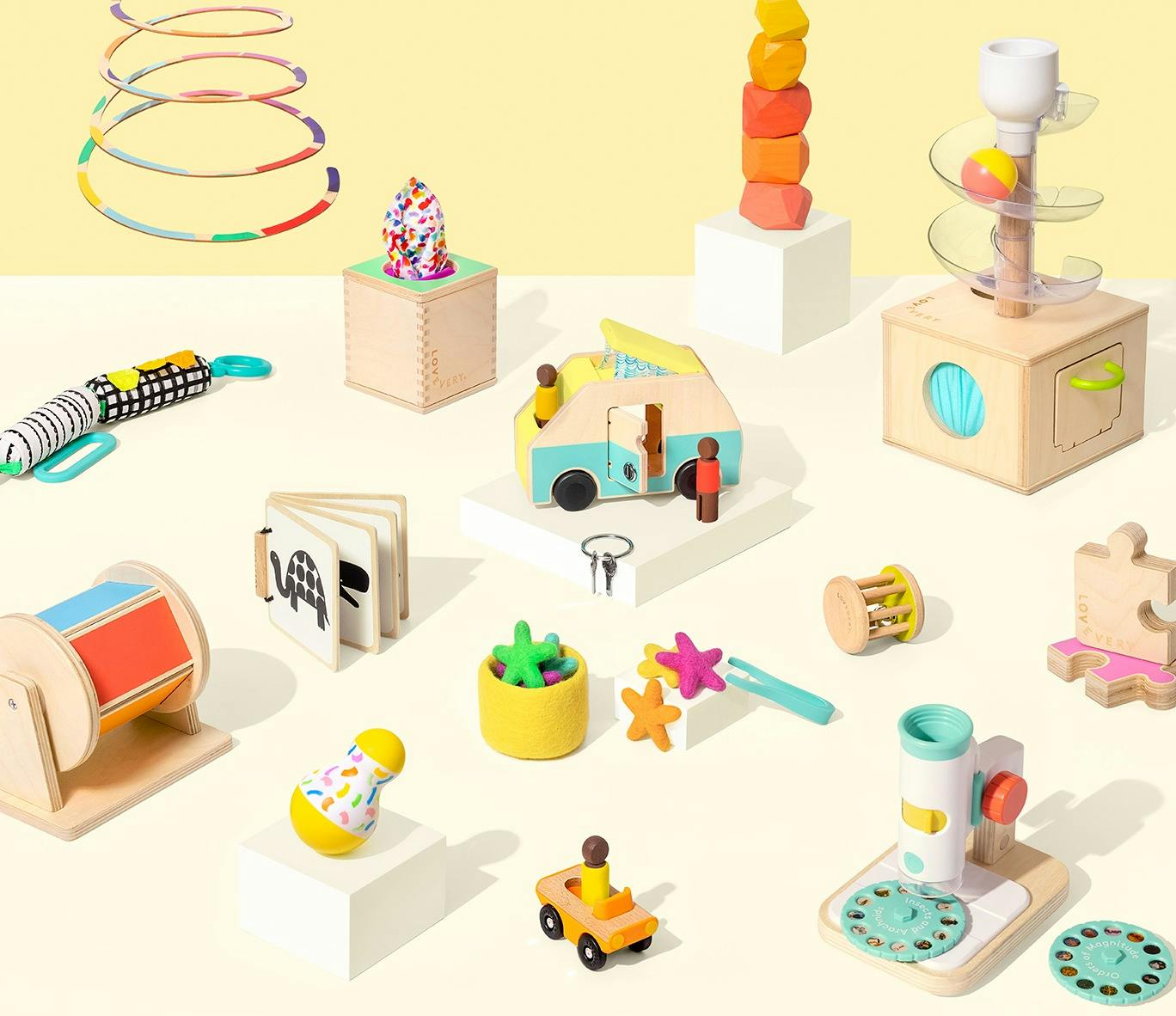 A table of scattered toys