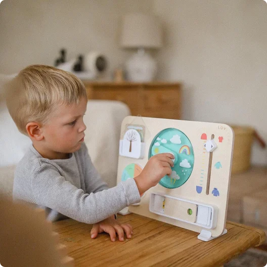 Little boy playing with the Plan Ahead Weather Board from The Observer Play Kit